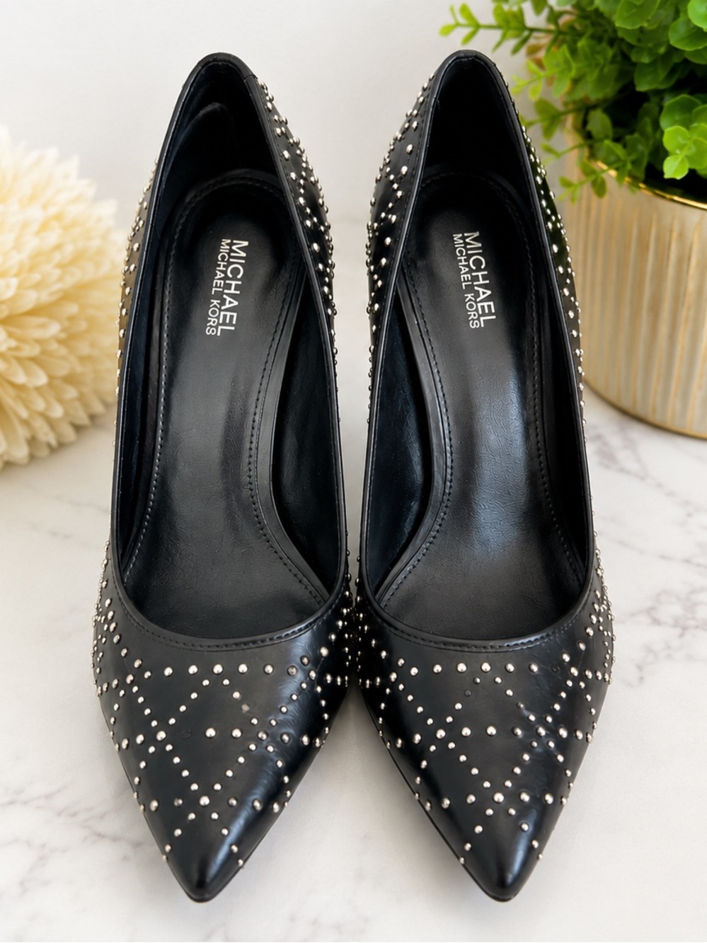 MICHAEL Michael Kors Black Studded Pointed-Toe Leather Pumps